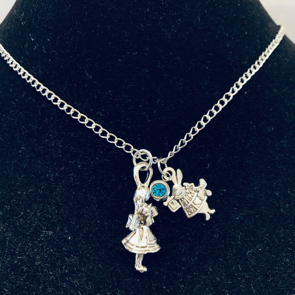 Alice in Wonderland necklace with rhinestone charm